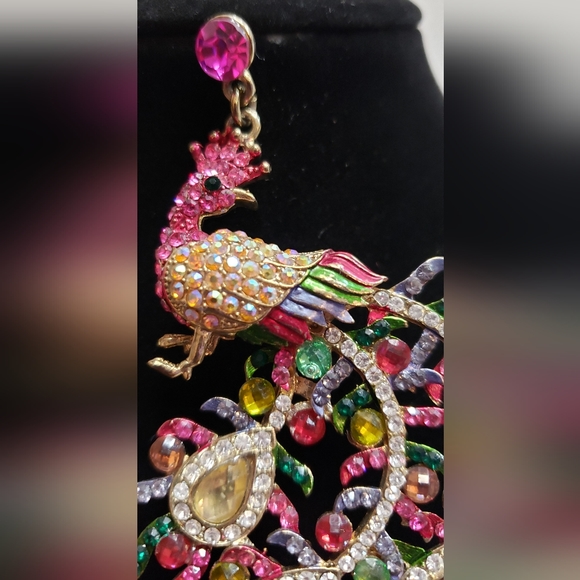 Large Beautiful Rhinestone Peacock Statement Earrings - Picture 5 of 12